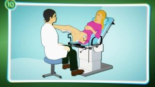 Animiert – Eine Frau sitzt auf einem Stuhl zur Untersuchung vor dem Frauenarzt. 