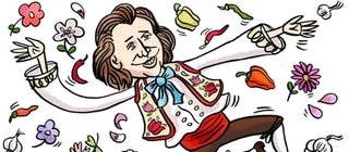 Gezeichnete Collage von Johannes Brahms, umgeben von Blumen und Gemüse.