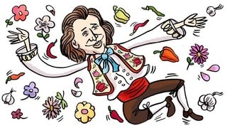 Gezeichnete Collage von Johannes Brahms, umgeben von Blumen und Gemüse.