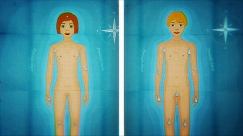 Animiert – Ein Junge und ein Mädchen mit Tropfen an einigen Körperregionen.