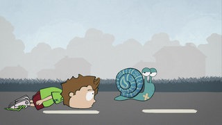 Der kleine Philosoph Knietzsche liegt traurig auf der Straße, vor ihm kriecht eine blaue Schnecke.