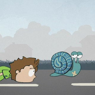 Der kleine Philosoph Knietzsche liegt traurig auf der Straße, vor ihm kriecht eine blaue Schnecke.