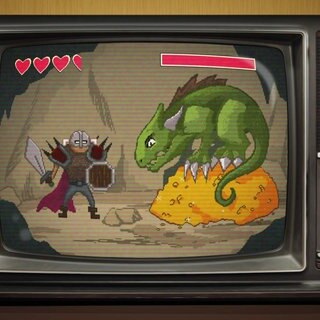 Eine Zeichnung von einem Videospiel: ein Ritter kämpft gegen einen Drachen auf einem Goldschatz.