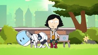 Ein Roboter klappt auf einer Wiese zusammen, neben ihm steht eine Ärztin mit Stethoskop.