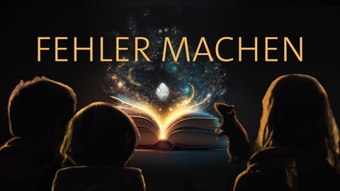Drei Kinder und eine Ratte sitzen vor einem leuchtenden Buch – darüber das Wort „Fehler machen“. Der Podcast zeigt, warum Fehler ganz normal sind - und kein Grund zur Panik!