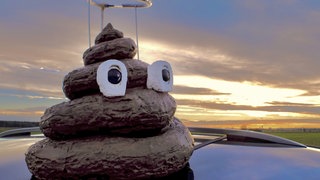 Ein Kothaufen aus Plastik mit Augen und Heiligenschein auf einem Autodach