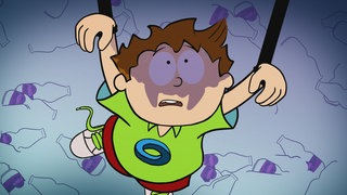 Der kleine Philosoph Knietzsche wird in die Luft gehoben, unter ihm ein Meer aus leeren Flaschen.