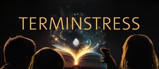 Drei Kinder und eine Ratte sitzen vor einem leuchtenden Buch – darüber das Wort „Terminstress“. Der Podcast zeigt Kindern, wie sie mit Stress umgehen und für Entspannung sorgen können.