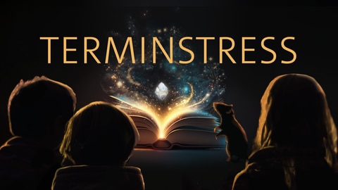 Drei Kinder und eine Ratte sitzen vor einem leuchtenden Buch – darüber das Wort „Terminstress“. Der Podcast zeigt Kindern, wie sie mit Stress umgehen und für Entspannung sorgen können.