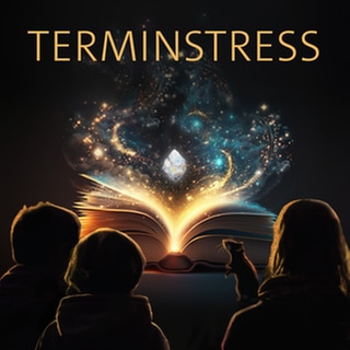 Drei Kinder und eine Ratte sitzen vor einem leuchtenden Buch – darüber das Wort „Terminstress“. Der Podcast zeigt Kindern, wie sie mit Stress umgehen und für Entspannung sorgen können.