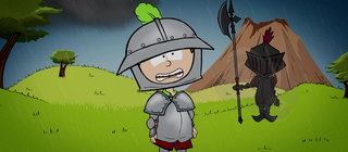 Der kleine Philosoph Knietzsche trägt eine Ritterrüstung und steht auf einer Wiese im Regen.