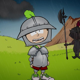 Der kleine Philosoph Knietzsche trägt eine Ritterrüstung und steht auf einer Wiese im Regen.