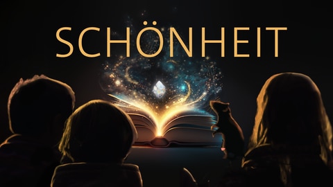 Drei Kinder und eine Ratte sitzen vor einem leuchtenden Buch – darüber das Wort „Schönheit“