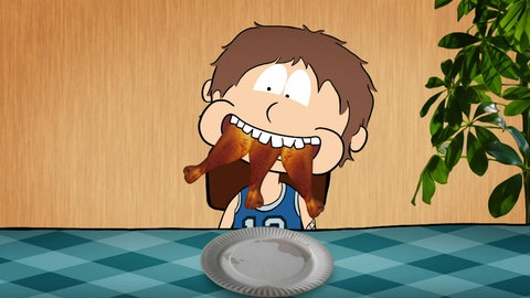 Zeichnung von einem Kind, es hat drei Hähnchenschenkel im Mund.