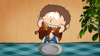 Zeichnung von einem Kind, es hat drei Hähnchenschenkel im Mund.