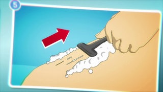 Animiert – Ein Bein wird mit einem Rasierer und Rasierschaum rasiert, ein Pfeil zeigt die Richtung.