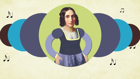 Grafik mit Porträt von Fanny Hensel. Die Musikerin aus der reichen Hamburger Familie Mendelsohn wird zu einer der bedeutendsten Komponistinnen.