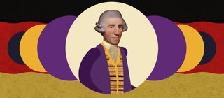 Grafik mit Joseph Haydn vor den Farben der Deutschlandfahne. Der Komponist der deutschen Nationalhymne gilt als Schöpfer der Wiener Klassik