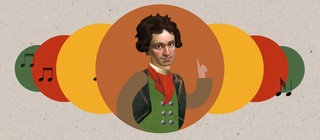 Grafik mit Bild von Ludwig van Beethoven umringt von Noten. Der Komponist gilt als erster großer Musik-Romantiker. Mini-Triff erzählt seine Geschichte.