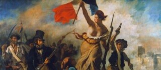 Gemälde: Marianne mit der französischen Flagge auf dem Schlachtfeld
