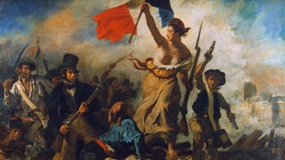 Gemälde: Marianne mit der französischen Flagge auf dem Schlachtfeld