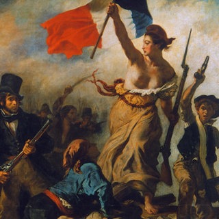 Gemälde: Marianne mit der französischen Flagge auf dem Schlachtfeld