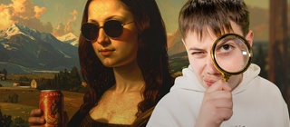Im Hintergrund ein KI-generiertes Bild der Mona Lisa mit Sonnenbrille, im Vordergrund ein Junge, der mit einer Lupe schaut