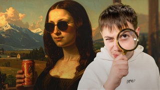 Im Hintergrund ein KI-generiertes Bild der Mona Lisa mit Sonnenbrille, im Vordergrund ein Junge, der mit einer Lupe schaut